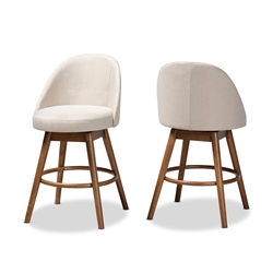 Baxton Studio Carra Mid-Century Modern Light Beige Fabric Upholstered Walnut-Finished Wood Swivel Counter Stool (Set of 2)